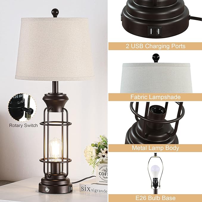 28.5" Farmhouse Lamps for Bedrooms Set of 2, Tall Table Lamps for Living Room with Dual USB Charging Port, Oil Rubbed Bronze Table Lamp with White Oatmeal Shade, Bulbs Included - Bloomnest