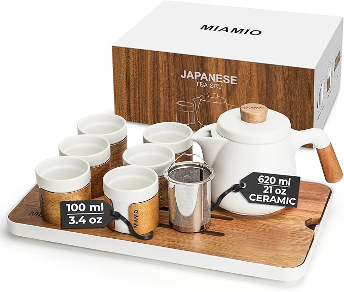 MIAMIO - Japanese/Chinese Tea Set 6 x 3.4 oz/Asian Tea Pot 21 oz with Tea Infuser, Traditional Japanese Tea Cups Set for Tea Lovers/Men/Women (White) - Bloomnest