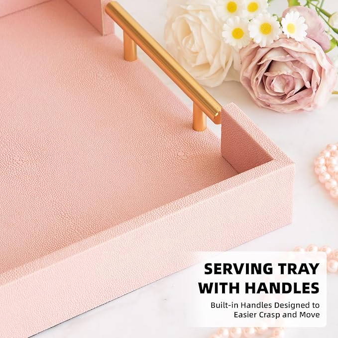 Modern Elegant Pink Faux Shagreen Leather Tray, Set of 2 Rectangle Serving Trays with Gold Polished Metal Handles, Ottoman Tray Coffee Table Perfume Kitchen Trays Home Decor - Bloomnest