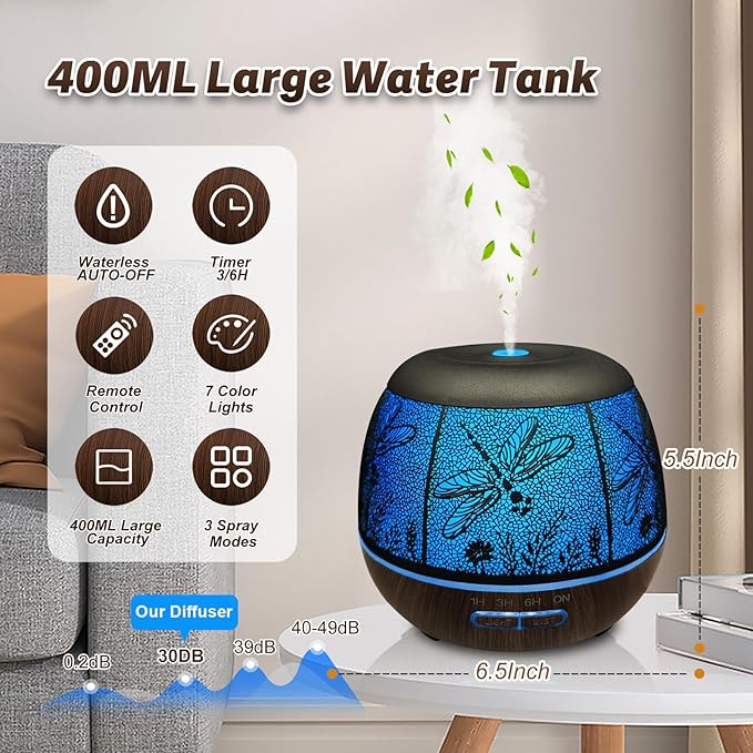 Diffusers for Essential Oils Large Room 400ml,Essential Oil Diffuser for Home with R/C,Cool Mist Humidifiers for Bedroom,7 Colors Changed & 3 Mist Mode Waterless Auto Off for Decor Dragonfly