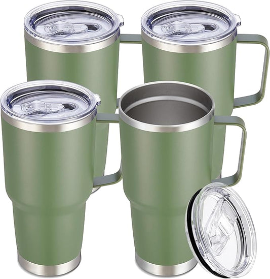 30 oz Tumbler with Handle and Lid, Stainless Steel Tumblers Bulk Double Wall Vacuum Insulated Travel Mug Leak Proof Cup Keep Drinks Cold and Hot Army Green, 4 Pack