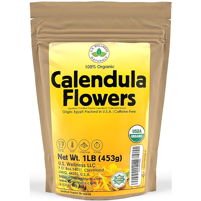 Calendula Tea 1LB (16Oz) 100% CERTIFIED Organic Whole Flower Herbal Tea (Calendula Officinalis), Caffeine Free in 1 lbs. Bulk Resealable BPA-free Bags from U.S. Wellness - Bloomnest