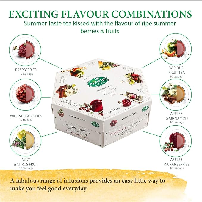 ACORUS Summer Taste Tea Set - Natural Assorted Tea Hamper Box Gift Set, Large Selection Box 60 Teas Bags, 6 Fruit and Berry Flavour Sampler, Perfect for Refreshing Iced Drinks - Bloomnest