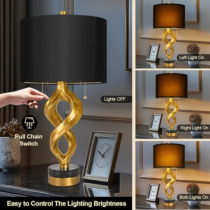 Sculptural Table Lamp Set of 2 for Bedroom, 26” Gold Leaf Farmhouse Bedside Lamps for Living Room, Pull Chains Switch Rustic Nightstand Lamp Marble Base with USB for Home Room Decor (Bulbs Included) - Bloomnest