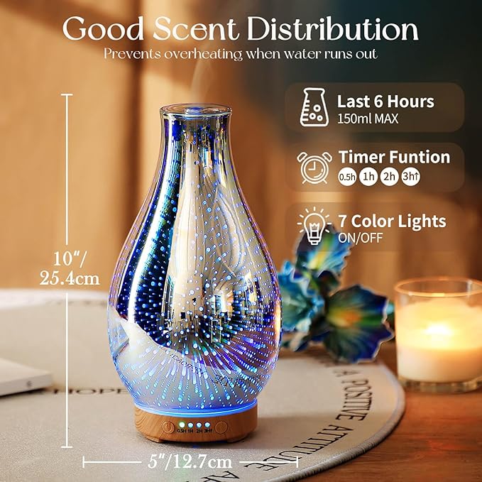 Porseme Essential Oil Diffuser 3D Glass Aromatherapy Ultrasonic Humidifier Cool Mist, Auto Shut-Off, Timer Setting, BPA Free for Home Office Hotel Yoga Gym Leisure SPA Gift 100ml Porseme