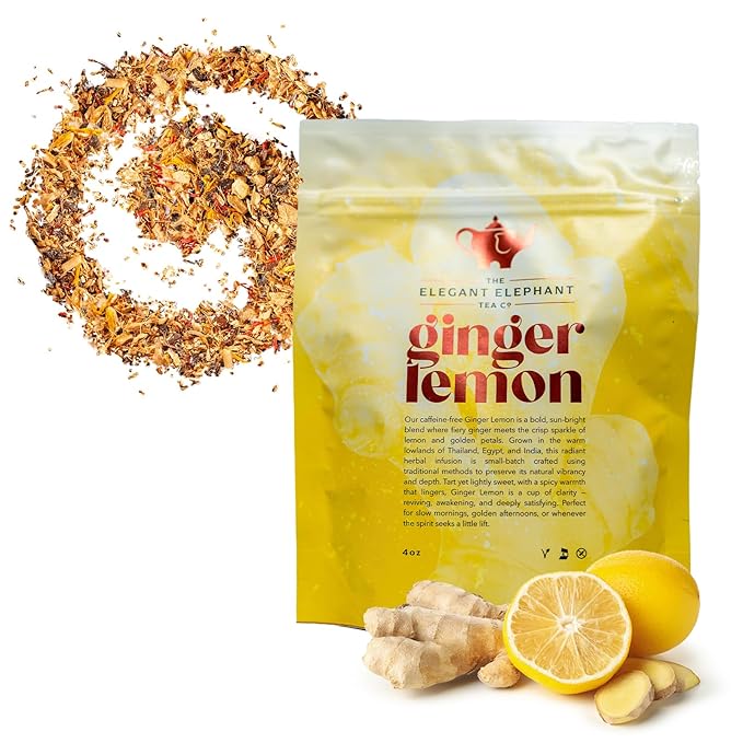 Ginger Lemon Tea, Loose Leaf Herbal Tea – Helps Reduce Nausea and Motion Sickness – Detox & Immunity Support – Drink Hot or Iced – 4 oz Resealable Bag (Makes 50 Cups) – The Elegant Elephant - Bloomnest