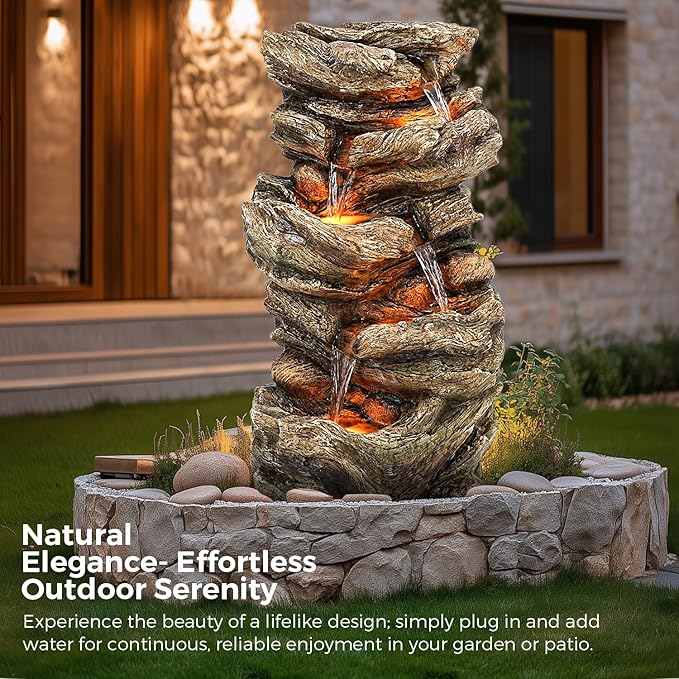 32" High Outdoor Water Fountain, 5-Tiers Cascading Rock Waterfall with LED Lights for Garden, Patio, Yard Decor, Soothing Tranquility for Any Outdoor Living Space - Bloomnest