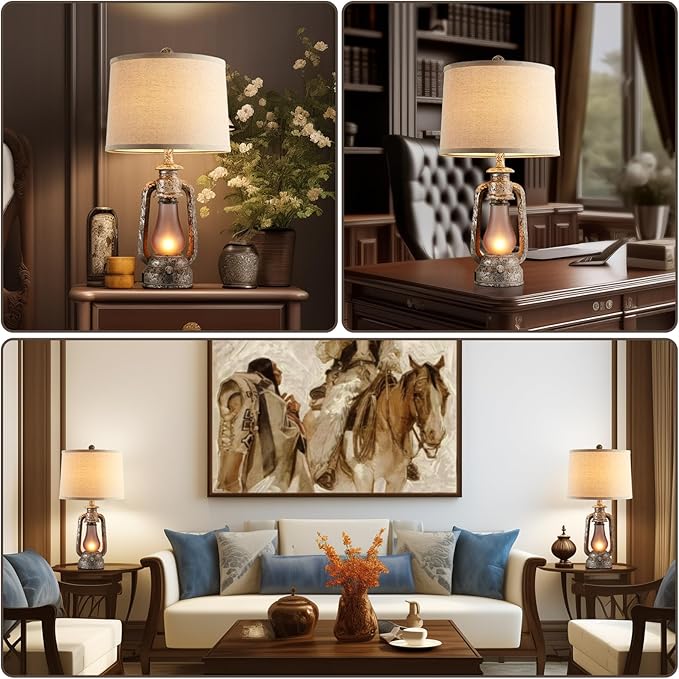 RORIANO Farmhouse Rustic Table Lamps for Living Room Set of 2,Vintage Lantern Table Lamp with Dual USB Ports, 25" Tall Retro Bedside Lamp for Bedroom Nightstand, 4 Bulb Included (Iron Gray) - Bloomnest