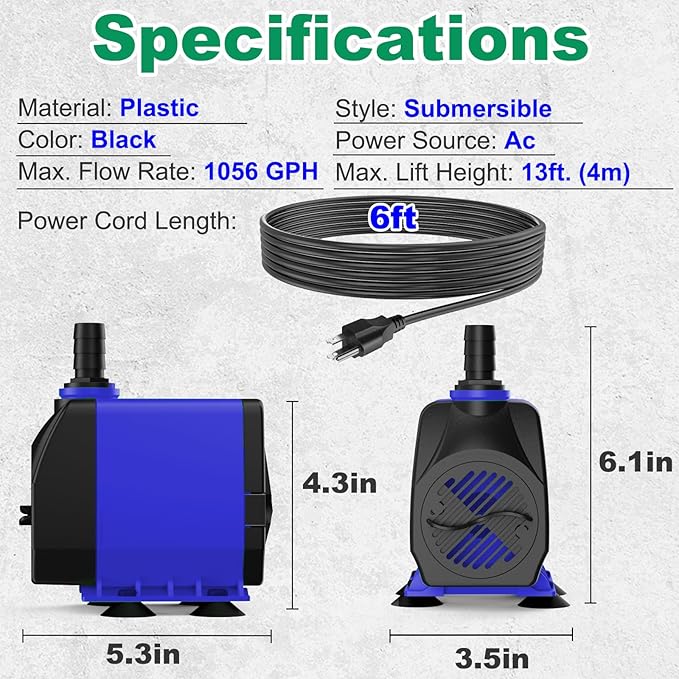 Submersible Pump 1056GPH (4000L/H 85W) Ultra Quiet with Over Heating Protection 9.8ft Power Cord for Fountains, Hydroponics, Ponds, Aquariums & More… - Bloomnest