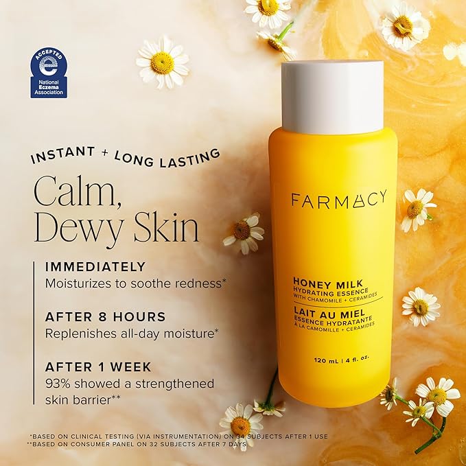 Farmacy Honey Milk Face Essence - Hydrating Milky Toner with Honey, Ceramides + Chamomile - Helps Strengthen Skin Barrier + Replenish Moisture - Soothing + Calming Skincare (120ml) - Bloomnest