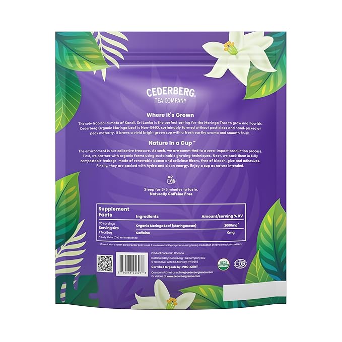 Cederberg Tea Company Organic Moringa Tea — 30 Tea Bags | Organic Herbal Tea From Single Origin | Eco-Friendly Tea Bags | Non-GMO Caffeine Free Tea With Zero Sugar - Bloomnest