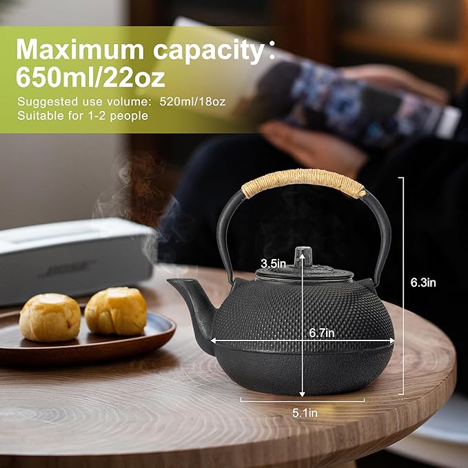 suyika Japanese Tetsubin Cast Iron Teapot Tea Kettle pot with Stainless Steel Infuser for Stovetop Safe Coated with Enameled Interior 22 oz/650 ml - Bloomnest