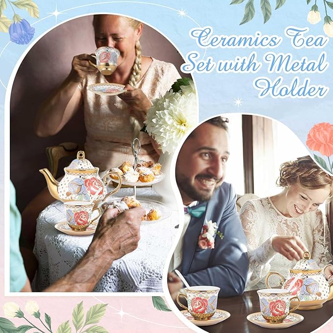 Zhehao 20 Pcs Porcelain Tea Set with Metal Holder and Spoon Adult Ceramic Tea Set European Flower Painting Teapot Cup Saucer Spoon for Women, Large Version(Romantic Style) - Bloomnest