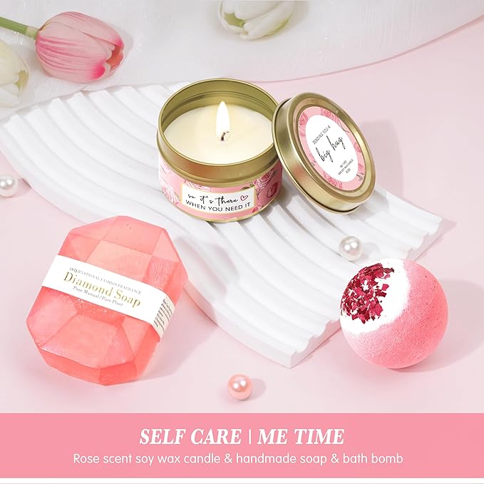 Birthday Gifts for Women Self Care Get Well Soon Gifts, Rose Relaxing Spa Gift Basket - Happy Birthday Set w/ Luxury Flannel Blanket & 40 oz Tumbler, Christmas Gift for Mom Her Wife Sister Friend - Bloomnest