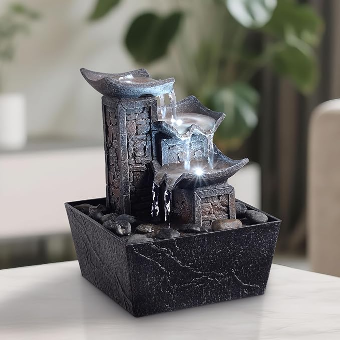 Tabletop Fountain Indoor Waterfall – 3-Tier Black Zen Decor with Pebble Base, White LED Light, Water Pump & On/Off Switch – Desktop Feng Shui Relaxation Gift for Home or Office (21110B) - Bloomnest