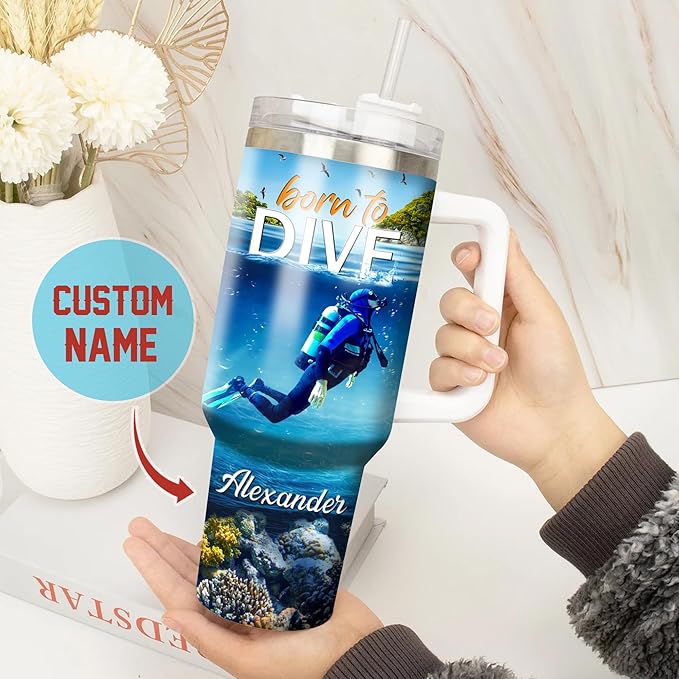 WAZONE Personalized Scuba Diving Coffee Tumbler 40oz with Handle and Straw Customized Name Insulated Travel Cup Tumblers Gifts for Diver Divers Men Women Husband On Birthday Christmas - Bloomnest