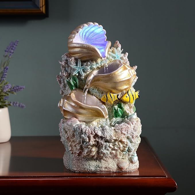 GOSSI Themed Coral Shell Fountain Tabletop Home Décor Indoor Desktop Fountains Perfect for Zen Waterfall Meditation Waterfall Decor Fountain with LED Lights(23037) - Bloomnest
