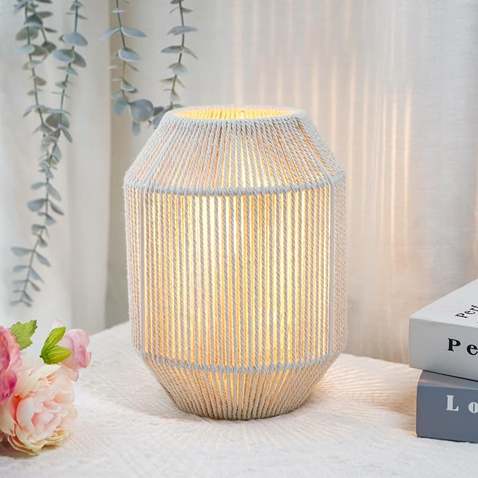 JHY DESIGN Woven Lampshade Table Lamp 8.5" H Cotton Rope Bedside Lamp Cordless Small Battery Operated Lamp Decorative Bedside Lamp with 6 Hours Timer for Bedroom Living Room Weddings Parties Patio - Bloomnest