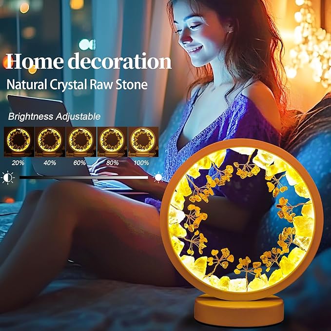 Runyangshi Natural Crystal Citrine Small Tree Round White Frame Tri-Color Ambient Light Home Decoration Night Light Healing Decor Gift - Bloomnest