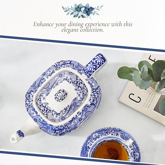 Spode Blue Italian Teapot with Infuser - 40 oz Countryside-Inspired Ceramic Teaware for Afternoon Tea, Earthenware Brunch Tableware, Vintage-Inspired Tea Party Hosting - Bloomnest