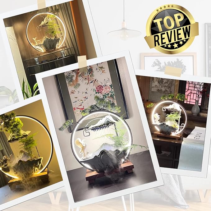 Elder Tabletop Indoor Water Fountains Waterfall with LED Light Zen Decor for Meditation with Mist Japanese Decor with Fake Plants Feng Shui Decor for Good Luck Wealth - Bloomnest