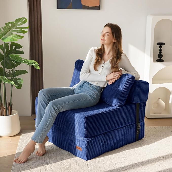 MAXYOYO Folding Sofa Bed, Convertible Chair Bed with High-Density Support Foam, Portable 4 in 1 Fold Out Seating to Floor Lounger, Versatile Floor Sofa Couch for Living Room Bedroom, Navy - Bloomnest