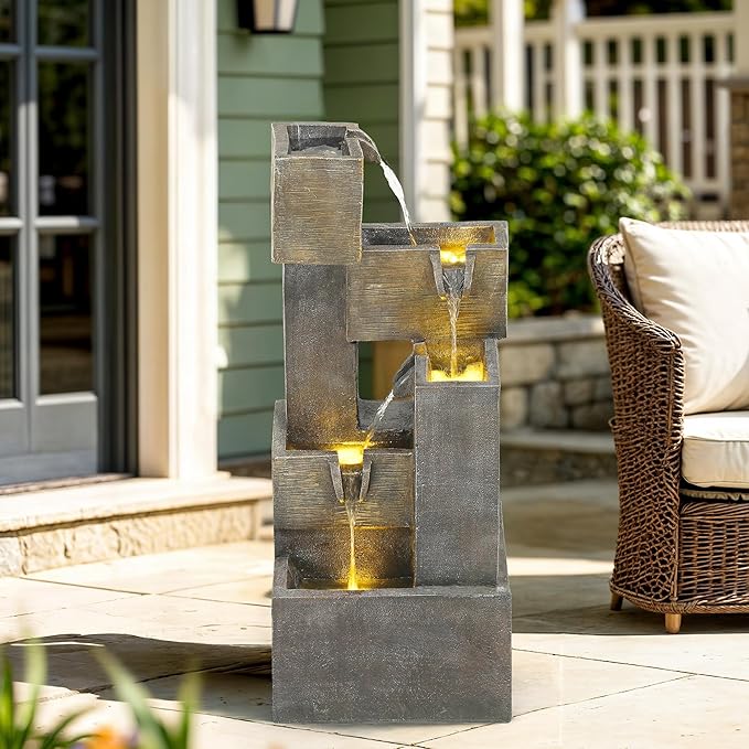 32.5" Modern Outdoor Water Fountain with LED Lights, 5-Tier Stacked Blocks Garden Fountain Cascading Waterfall Feature for Relaxing Garden, Patio, Backyard, Deck, Porch or Home Décor - Bloomnest