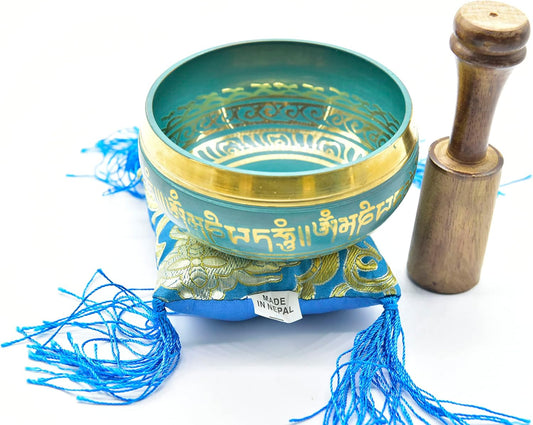 3.75" Tibetan Meditation Yoga Singing Bowl Yellow Set with free Wooden Mallet and Silk Cushion from Nepal, Singing bowls. (Turquoise)