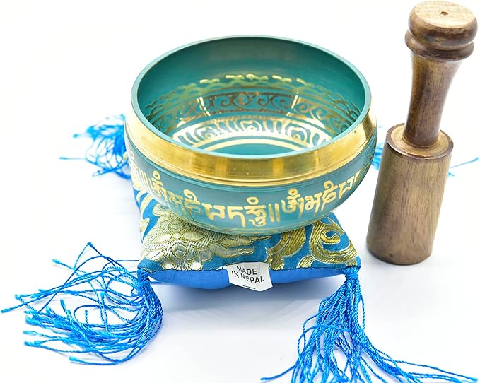 3.75" Tibetan Meditation Yoga Singing Bowl Yellow Set with free Wooden Mallet and Silk Cushion from Nepal, Singing bowls. (Turquoise) - Bloomnest