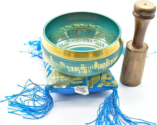3.75" Tibetan Meditation Yoga Singing Bowl Yellow Set with free Wooden Mallet and Silk Cushion from Nepal, Singing bowls. (Turquoise) - Bloomnest