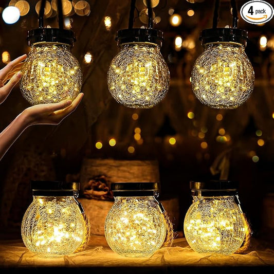 Cooo 4 Pack Heavy Crackle Glass Solar Lantern with 30 LED Firefly Lights– Waterproof Outdoor Hanging Lamp 215% Larger Solar Panel, Stainless Steel Lid Decorative Lighting for Garden Patio Table - Bloomnest