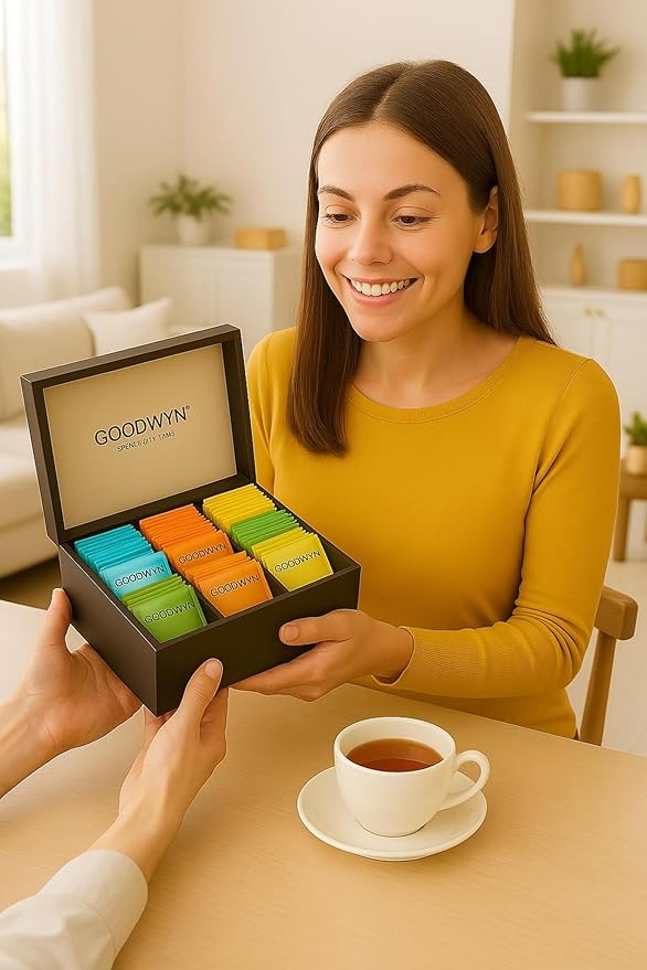 Goodwyn Assorted Tea Sampler Box – 90 Individually Wrapped Tea Bags | Premium Herbal, Black & Green Tea Collection in Reusable Wooden Chest | 9 Flavors x 10 Each: Peppermint, Chamomile, Assam, Darjeeling, Lemon, Green Tea, Kahwa, Jasmine, Earl Grey | I... - Bloomnest