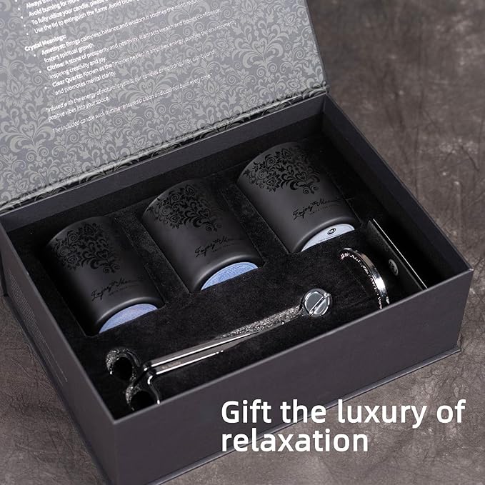 Luxury Black Scented Candles Gift Set for Men – 3x7oz Soy & Beeswax Crystal Candles with Wick Trimmer & Snuffer Lid, Aromatherapy Candles for Home Scented, Masculine Gift for Men & Women - Bloomnest