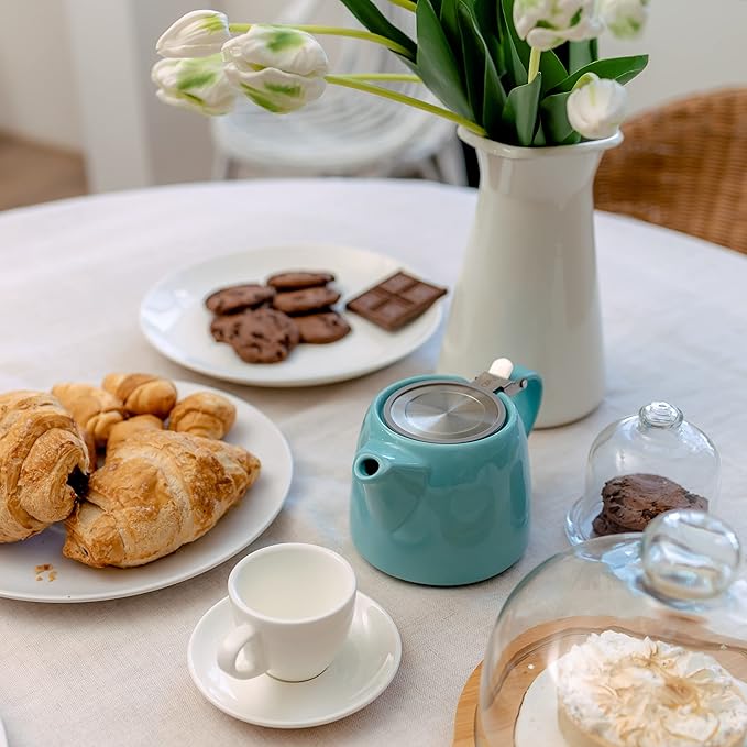 ORNA Ceramic Teapot with Tea Infuser – Small Tea Pot for Loose Leaf Tea – 550ml / 18.6 Oz Non-Stove Porcelain Teapot for 2 Cups with Tea Strainer (Turquoise) - Bloomnest
