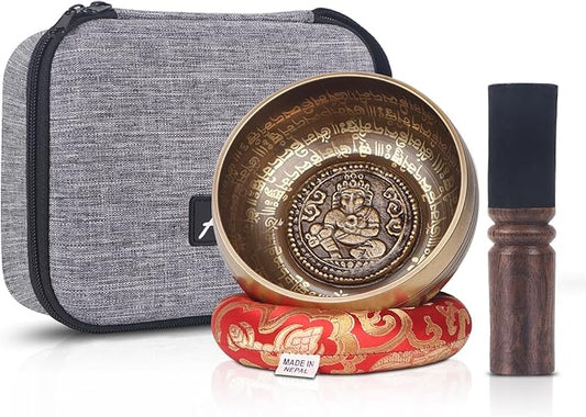 Kmise Tibetan Singing Bowls Set- Handmade in Nepal Meditation Sound Bowls for Yoga, Meditation, Mindfulness, Healing and Chakra Balancing, Stress Relief (5'，Ganesha) - Bloomnest