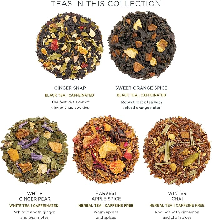 Tea Forte Warming Joy Holiday Premium Presentation Box Gift Set Sampler, 20 Count, 4 of Each Blend Individually Wrapped Handcrafted Pyramid Infuser Bags - Bloomnest