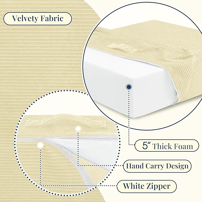 Wellsin Solid Square Floor Pillows for Adults Kids - Large Meditation Floor Pillow Seating Cushion with Thick Foam & Washable Velvet Cover, 2 Pack, 22x22x5 Inch, Beige - Bloomnest