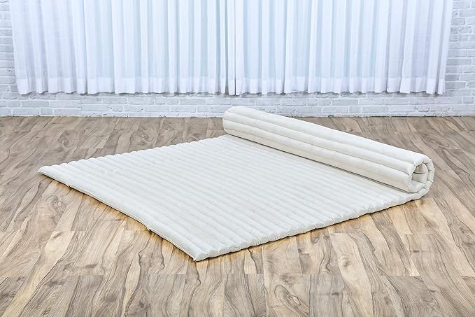 Leewadee - Foldable Floor Mattress - Japanese Roll Up Futon -Trifold Tatami Mat- Guest Floor Bed - Camping Mattress - Thai Massage Mat, Kapok Filled, 75 x 57 inches, Ecru - Bloomnest