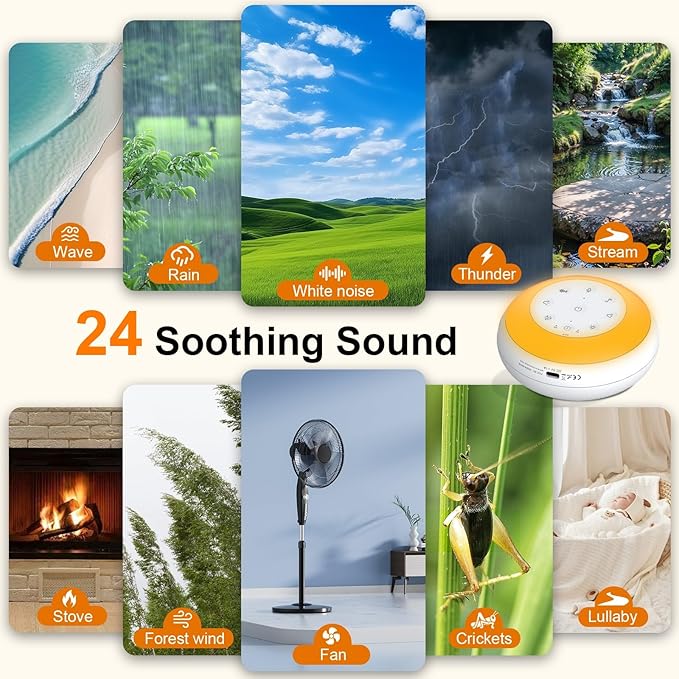 Portable White Noise Sound Machine for Baby, Kids, Adults Sleep - 24 Soothing Natural Sounds, 7 Color Night Light, Portable Wireless Bluetooth Speaker for Home, Travel, Nursery, Office - Bloomnest