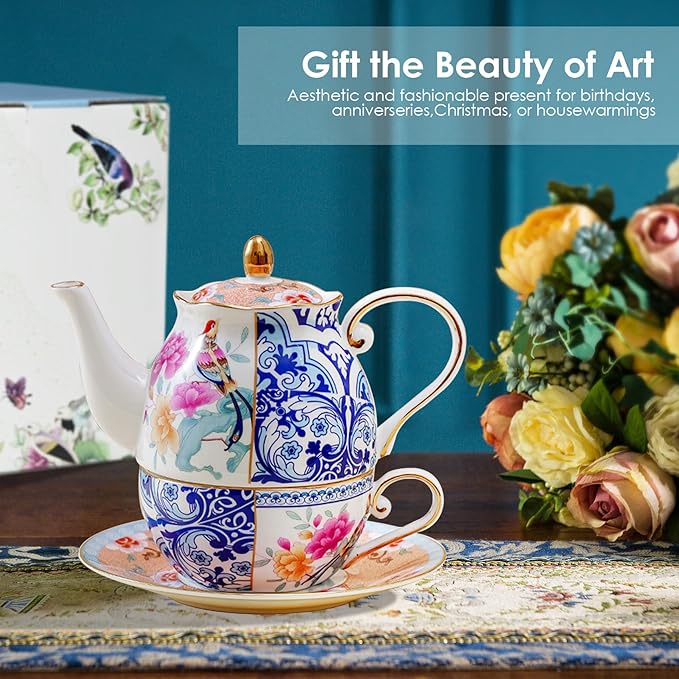ACMLIFE Tea for One Teapot and Cup, Vintage Floral Porcelain Tea Set for One, Bone China Teapot with Cup Set, Tea Pot Gift for Women (Blue-C) - Bloomnest