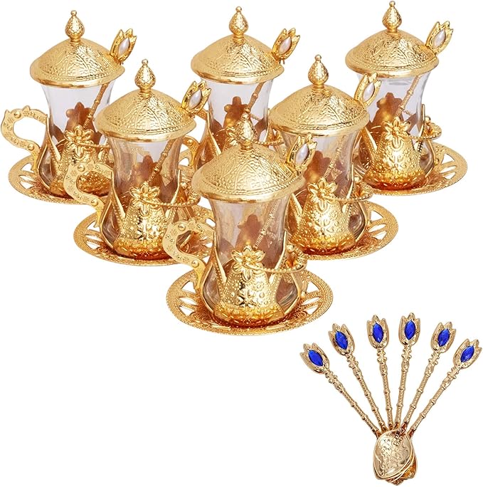 Alisveristime Handmade Turkish Tea Glass Set - Traditional Turkish Motifs, Set of 6 with Lids and Bonus Tea Spoons (Gold)