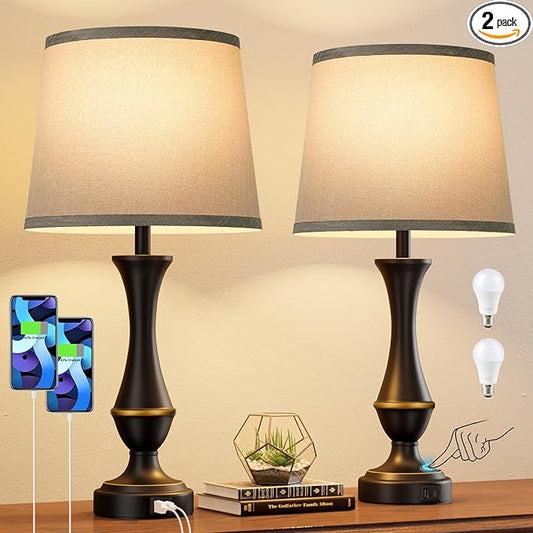 Seealle Upgraded Touch Lamps for Bedrooms Set of 2 - Nightstand Table Lamp with USB C+A, 3 Way Dimmable Lamps for Living Room(Grey) - Bloomnest