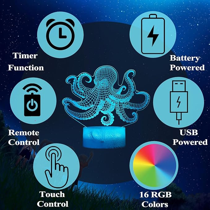 Octopus Night Light, 3D Illusion Night Light Lamp, Octopus Stuff with 16 Colors Changing, Timer, 4 Flash Modes and Dimmable, Kids Room Decoration, Xmas Gifts - Bloomnest