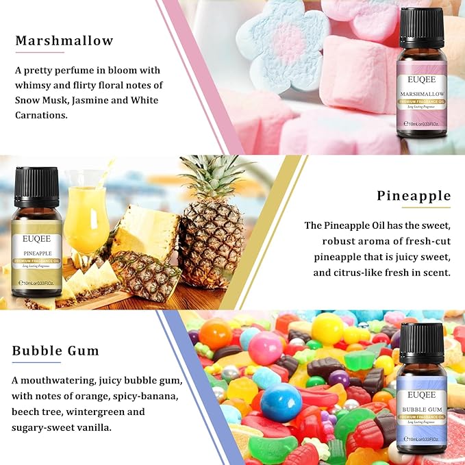 EUQEE Summer Fragrance Oil Gift Set of 6，Holiday Island Essential Oils Set for Humidifier, Aromarathepy-Pineapple, Coconut, Sea Breeze, Bubble Gum, Bay Rum, Marshmallow(10ml) EUQEE