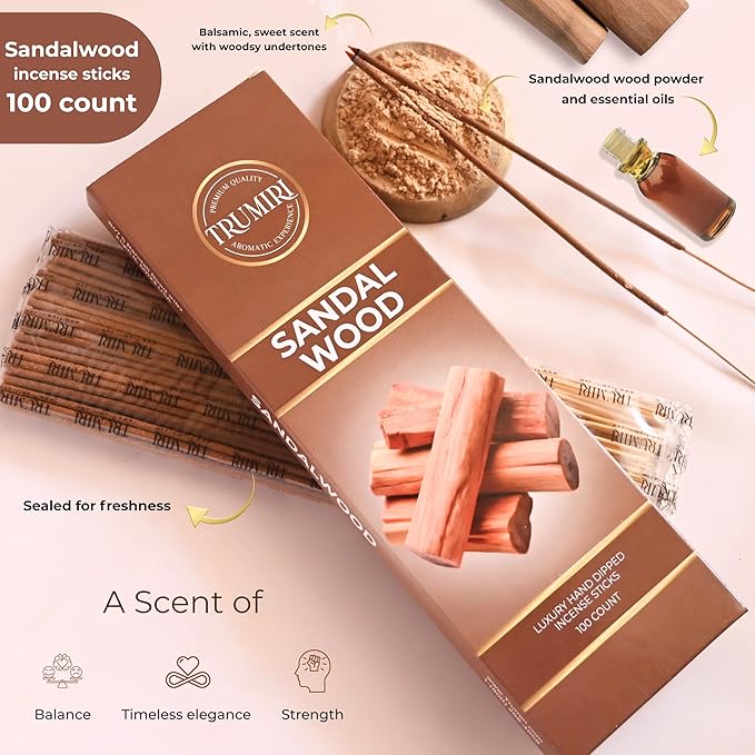 Sandalwood Incense Sticks - Pack of 100 Insence-Sticks - Made with Natural Incienso De Sandalo - Non Toxic Inscents Indian Spiritual Agarbatti Insense