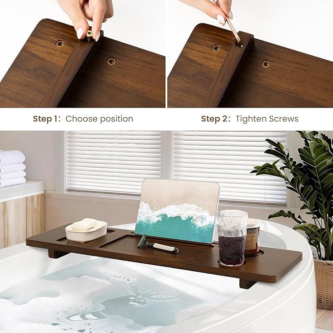 Teak Bathtub Tray - Wood Bath Caddy Tray 35" for Large Tubs - Adjustable Bathtub Table Trays - Luxury Shower Organizer for Home Spa Relaxation and Reading - Dark Walnut Color - Bloomnest