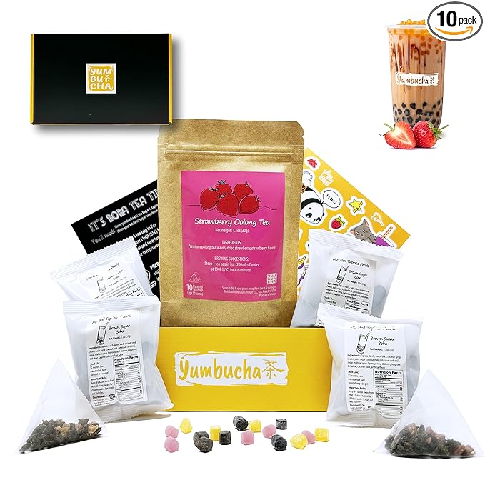 YUMBUCHA Boba Kit Set - DIY Boba Tea Making Kit with Strawberry Oolong & Tapioca Pearls - Create 10 Delightful Drinks - Exquisite Loose Leaf Teabags Included - Boba Tea Gift Set for Tea Lovers - Bloomnest