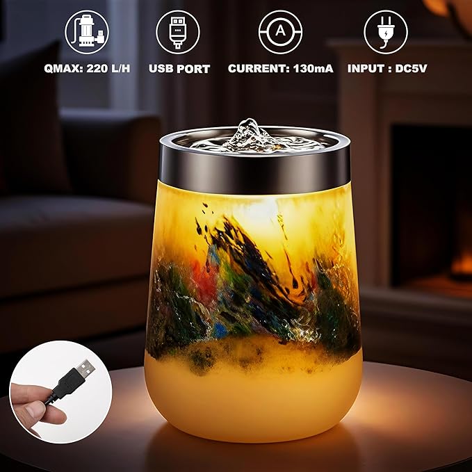 VOREEN Handblown Glass Tabletop Fountain – Yellow Art Glass Water Feature with Gentle Ambient Glow – Optional Aromatherapy for Home, Spa, Office Décor - Bloomnest