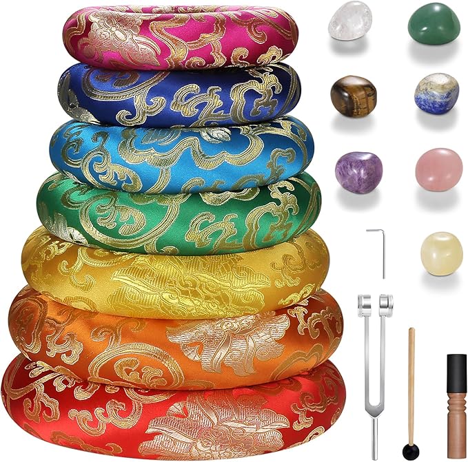 18 Pcs Singing Bowl Cushion Set for 6-12" Tibetan Singing Bowls, 7 Rainbow Silk Round Cushion, WoodMallet,128Hz Tuning Fork Kit, 7 Chakra Stones - for Meditation Sound Healing and Crystal Sound Bowls MIAKEED