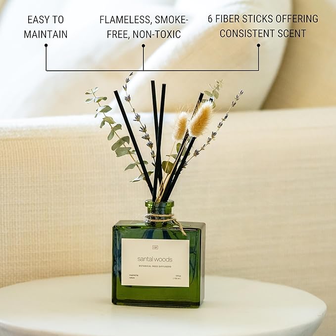 Craft & Kin Reed Diffuser with Dried Flowers | 5 oz Santal Woods Scented Reed Diffusers for Home, Bathroom | Scent Sticks | Elegant Fragrance Home Decor for Men & Women CraftKin